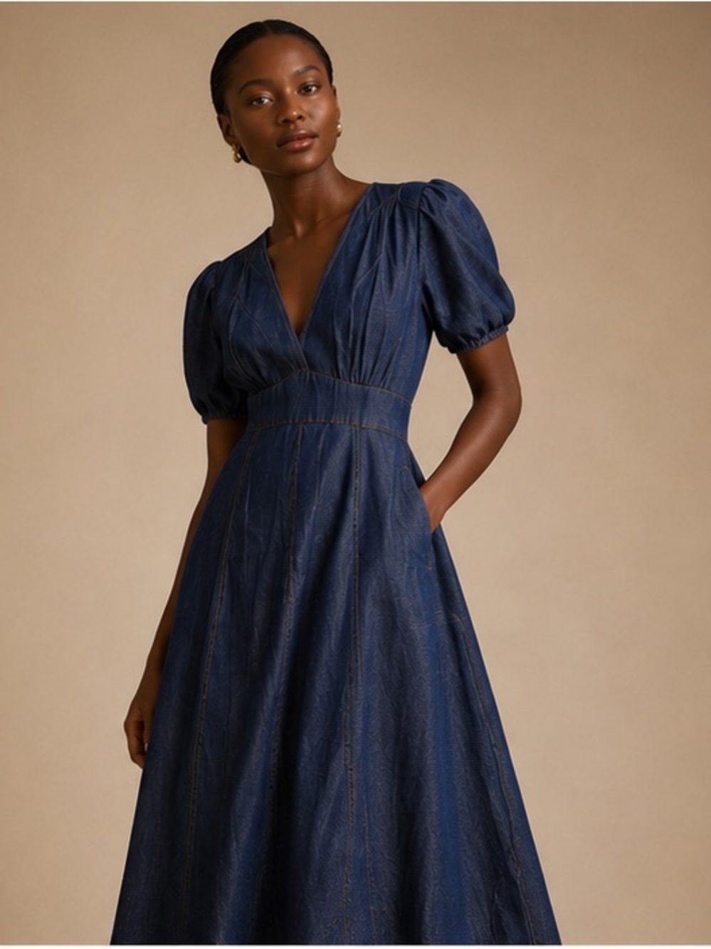 Boden Chambray Puff Sleeve Midi Dress Blue Size L